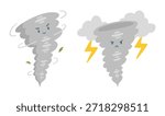 Cartoon of cute angry tornado. Twisted storm with thunder illustration. Hurricane natural disaster for kids education design.