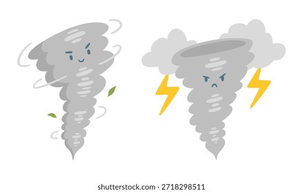 Cartoon of cute angry tornado. Twisted storm with thunder illustration. Hurricane natural disaster for kids education design.
