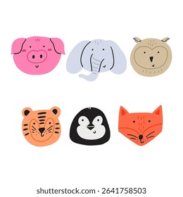Cartoon cute animal bright face. Safari kid jungle head character animal collection. Hand drawn vector illustration