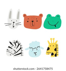 Cartoon cute animal colorful face. Safari kid jungle head character animal collection. Hand drawn vector illustration