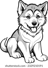 Cartoon Cute Animal Coloring Page for Kids. Baby dog. Alaskan Malamute. Black and white vector illustration for coloring book