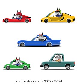 Cartoon cute animal drive car on the road. Animal driver, pets vehicle and wolf happy in car. Cartoon style hand drawn for printing, card, t shirt, banner, product vector illustration