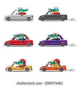 Cartoon cute animal drive car on the road. Animal driver, pets vehicle and crocodile, alligator happy in car. Cartoon style hand drawn for printing, card, t shirt, banner, product vector