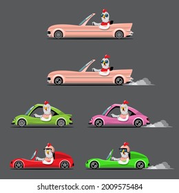 Cartoon cute animal drive car on the road. Animal driver, pets vehicle and chicken happy in car. Cartoon style hand drawn for printing, card, t shirt, banner, product vector illustration