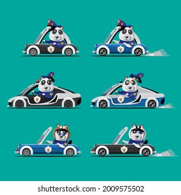 Cartoon cute animal drive car on the road. Animal driver, pets vehicle and panda happy in car. Cartoon style hand drawn for printing, card, t shirt, banner, product vector illustration