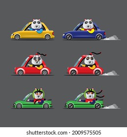 Cartoon cute animal drive car on the road. Animal driver, pets vehicle and panda happy in car. Cartoon style hand drawn for printing, card, t shirt, banner, product vector illustration