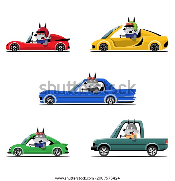 Cartoon cute\
animal drive car on the road. Animal driver, pets vehicle and wolf\
happy in car. Cartoon style hand drawn for printing, card, t shirt,\
banner, product vector\
illustration