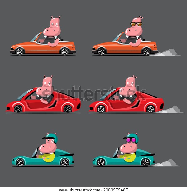 Cartoon cute animal drive car on the road.\
Animal driver, pets vehicle and hippopotamus happy in car. Cartoon\
style hand drawn for printing, card, t shirt, banner, product\
vector illustration