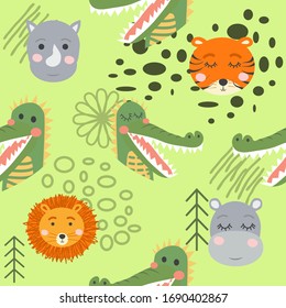 Cartoon cute animal faces. Boho cute animals pattern.