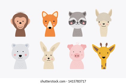 Cartoon cute animal faces. Hand drawn characters for baby card and invitation. Vector monkey, fox, bunny, giraffe, bear, pig, racoon, llama