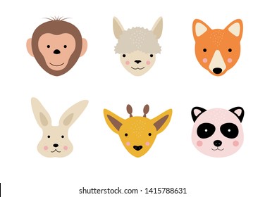 Cartoon cute animal faces. Hand drawn characters. Abstract creative concept of fox, bunny, llama, monkey, panda, giraffe for baby card, invitation, posters, t-shirts