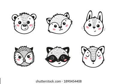 Cartoon Cute Animal Faces Vector Set. Hand Drawn Doodle Forest Animals: Bear, Fox, Hare, Owl, Raccoon and Wolf