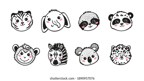 Cartoon Cute Animal Faces Vector Set. Hand Drawn Doodle Wild Animals: Tiger, Elephant, Sloth, Panda, Monkey, Zebra, Koala and Leopard