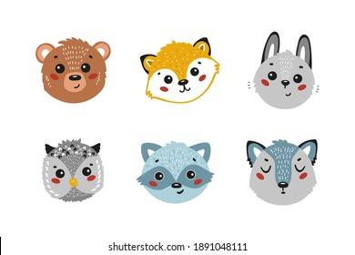 Cartoon Cute Animal Faces Vector Set. Doodle Forest Animals: Bear, Fox, Hare, Owl, Raccoon and Wolf