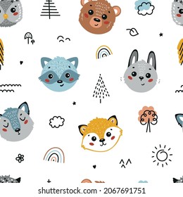 Cartoon Cute Animal Faces Vector Seamless Pattern. Doodle Forest Animals: Bear, Fox, Hare, Owl, Raccoon and Wolf. Woodland Baby Background. 