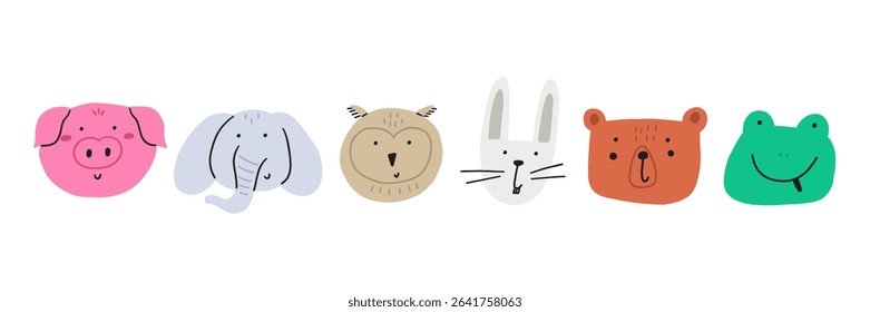 Cartoon cute animal funky face set. Safari kid jungle head character animal collection. Hand drawn vector illustration