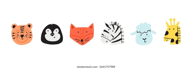 Cartoon cute animal happy face set. Safari kid jungle head character animal collection. Hand drawn vector illustration