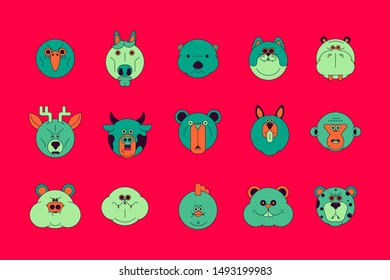 Cartoon cute animal set.Vector illustration and character design on circle.
