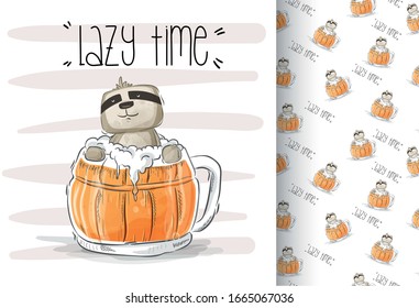 cartoon cute animal sloth with drinking beer