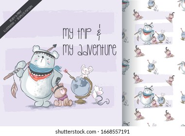 Cartoon cute animal traveler seamless pattern