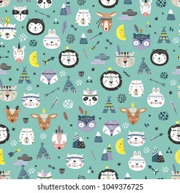 Cartoon cute animal tribal faces. Boho cute animals vector pattern.