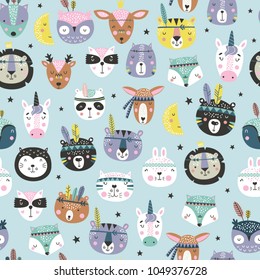 Cartoon cute animal tribal faces. Boho cute animals vector pattern.