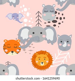 Cartoon cute animal tribal faces. Boho cute animals pattern.