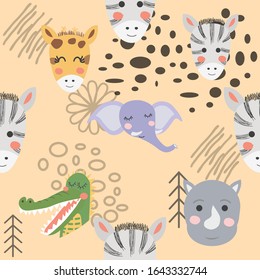 Cartoon cute animal tribal faces. Boho cute animals pattern.