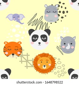 Cartoon cute animal tribal faces. Boho cute animals pattern.
