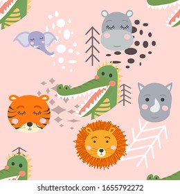Cartoon cute animal tribal faces. Boho cute animals pattern.