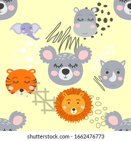 Cartoon cute animal tribal faces. Boho cute animals pattern.