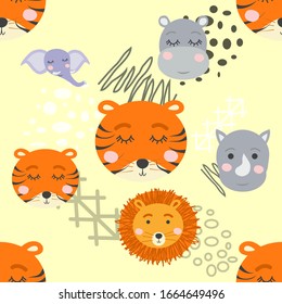 Cartoon cute animal tribal faces. Boho cute animals pattern.