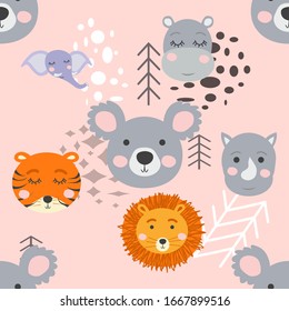 Cartoon cute animal tribal faces. Boho cute animals pattern.