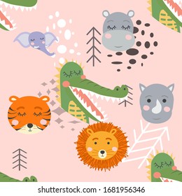 Cartoon cute animal tribal faces. Boho cute animals pattern.