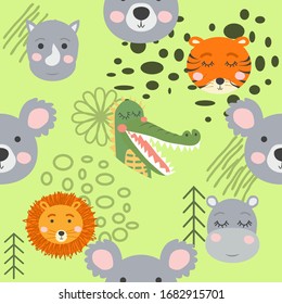 Cartoon cute animal tribal faces. Boho cute animals pattern.