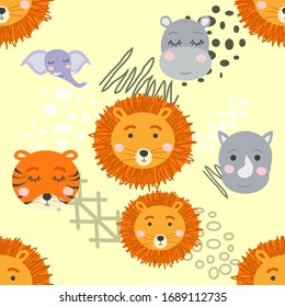 Cartoon cute animal tribal faces. Boho cute animals pattern.