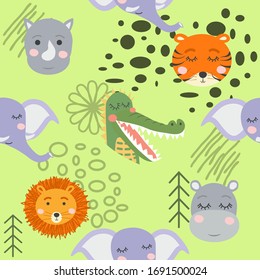 Cartoon cute animal tribal faces. Boho cute animals pattern.