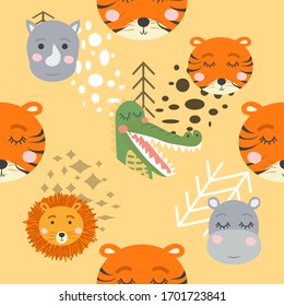 Cartoon cute animal tribal faces. Boho cute animals pattern.