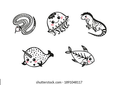 Cartoon Cute Animal Vector Set. Sea Creatures and Reptiles. Hand Drawn Doodle Animals: Snake Viper, Jellyfish, Iguana Lizard, Narwhal and X-ray Fish