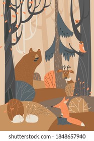 Cartoon cute animals in autumn colored forest