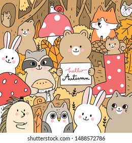 Cartoon cute animals Autumn in forest vector.