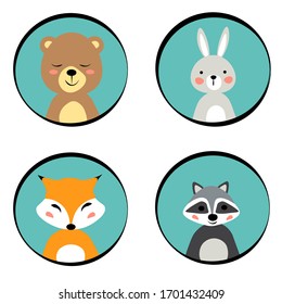 Cartoon cute animals for baby books, cards, invitations, stickers, vector illustration. Bear, raccoon, rabbit, fox.