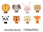 Cartoon cute animals for baby card and invitation. Vector illustration. Lion, dog, bunny, bear, panda, tiger, cat, fox.
