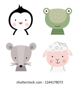 Cartoon cute animals for baby card and invitation. Vector illustration. Penguin, frog, mouse, sheep.