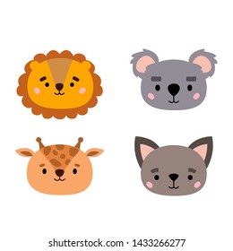 Cartoon cute animals for baby card and invitation. A collection of small animals in the children's style. Set. Vector illustration. Lion, cat, giraffe, koala