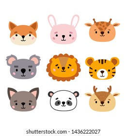 Cartoon cute animals for baby card and invitation. A collection of small animals in the children's style. Set. Vector illustration. Lion, bunny, bear, panda, tiger, cat, fox,  giraffe, deer, koala
