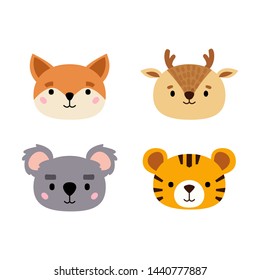 Cartoon cute animals for baby card and invitation. A collection of small animals in the children's style. Set. Vector illustration.Tiger, , fox, deer, koala