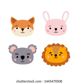 Cartoon cute animals for baby card and invitation. A collection of small animals in the children's style. Set. Vector illustration. Lion, bunny, fox, koala