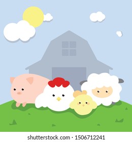 Cartoon cute animals for baby card and invitation. Vector illustration. pig, chicken and sheep at barn.