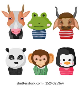 Cartoon cute animals for baby card and invitation. Vector illustration. cows, frogs, bison, pandas, monkeys and penguins